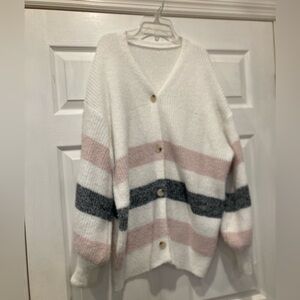 Striped White, Pink, and Gray Cardigan